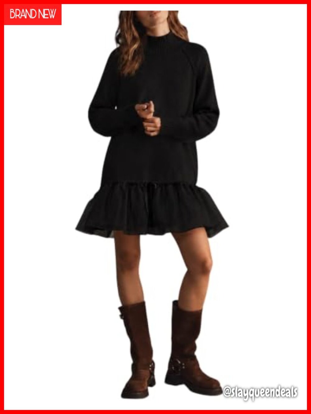 Twofer Mock Neck Ribbed Knit Tulle Ruffle Mini Sweater Dress